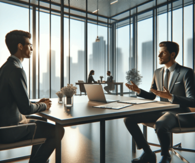 A photo-realistic image of a job interview scene in a corporate office A job interview