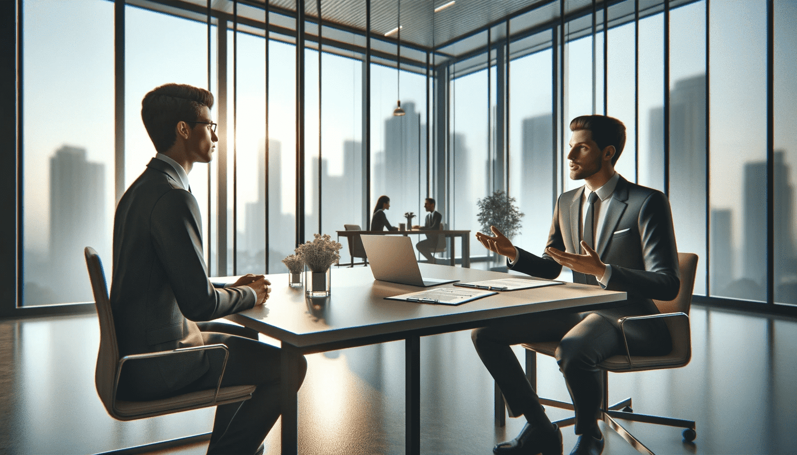 A photo-realistic image of a job interview scene in a corporate office A job interview