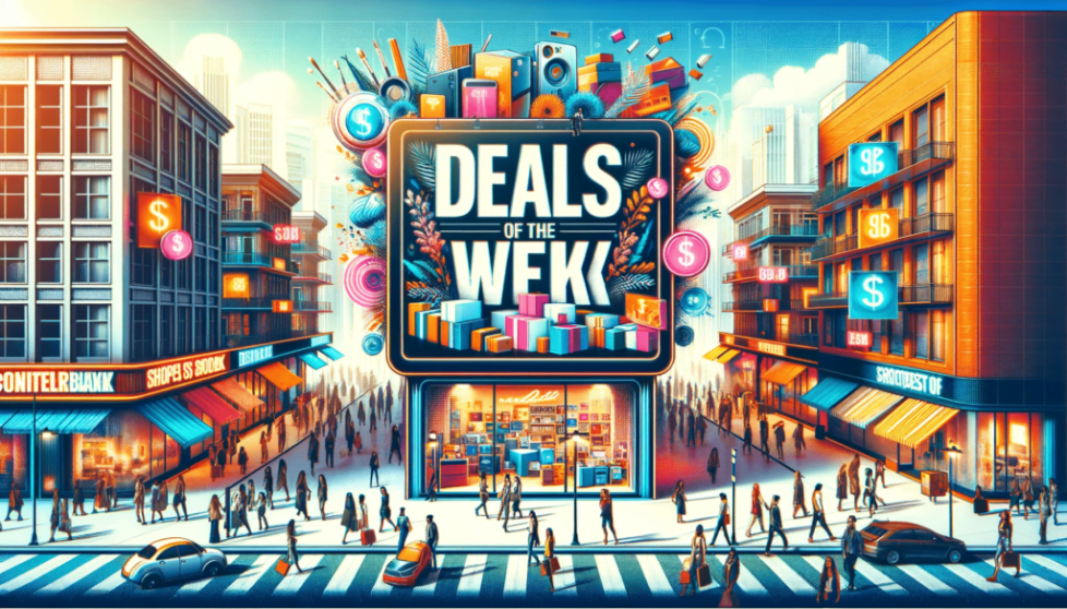 'Deals of the Week.' The image features a modern, vibrant shopping street bustling with activit Deals of the Week