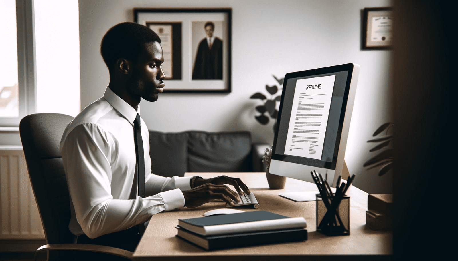 A black man focused on creating a resume, seated at his desk. A black man focused on creating a resume, seated at his desk.