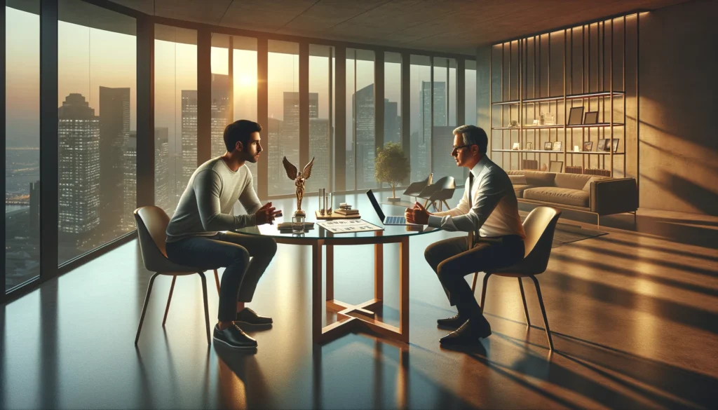 An image of 2 men meeting about investing as an angel investor.