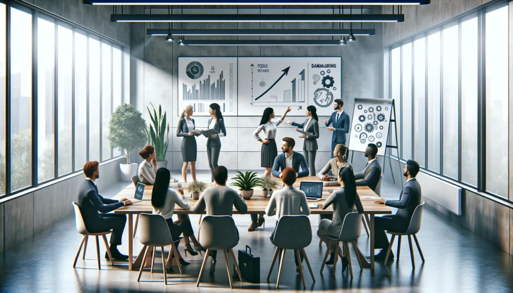 An image of a group of people in an office meeting.