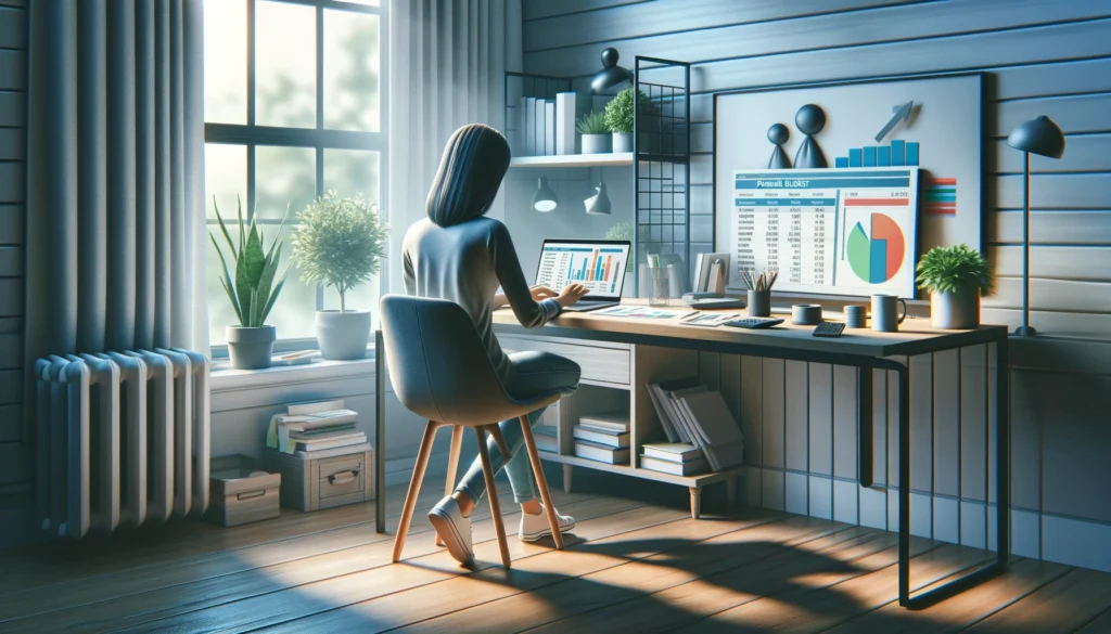 a person sitting at a modern, clutter-free desk, working on a personal budget