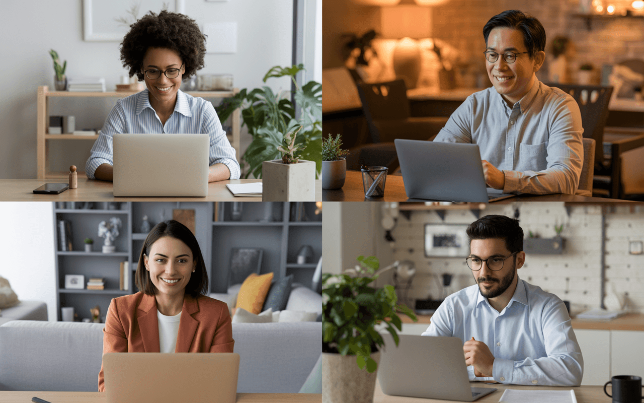 Diverse job candidates completing AI video interviews from various locations, showing flexibility