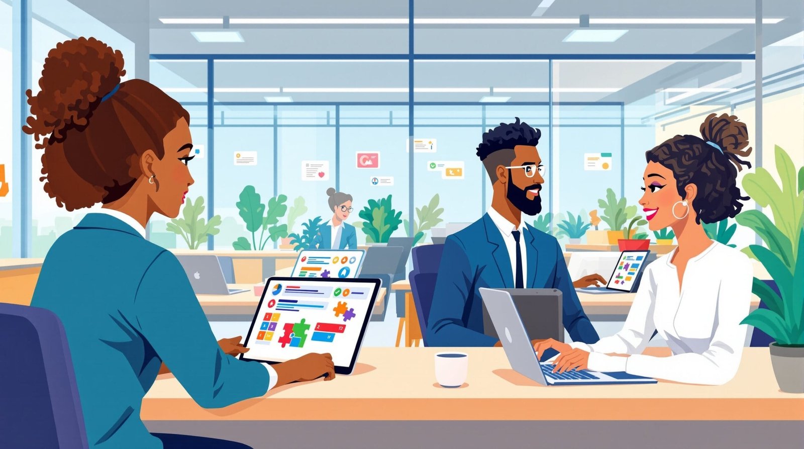 Diverse candidates engaging with gamified interview assessments on tablets and laptops