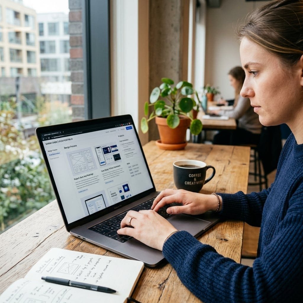 Job seeker building a digital portfolio on a laptop