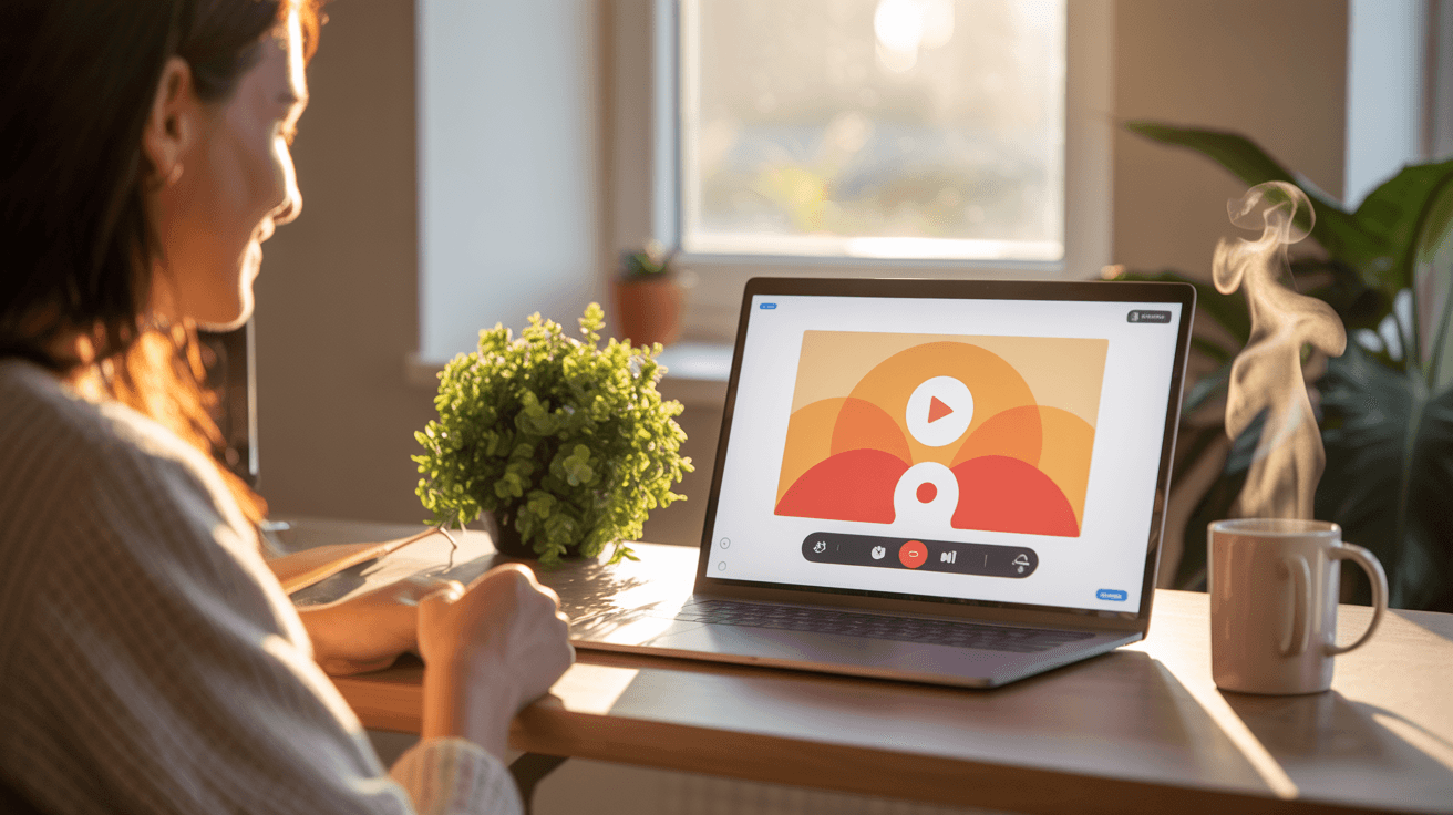 Professional workspace with laptop showing a friendly video recording interface