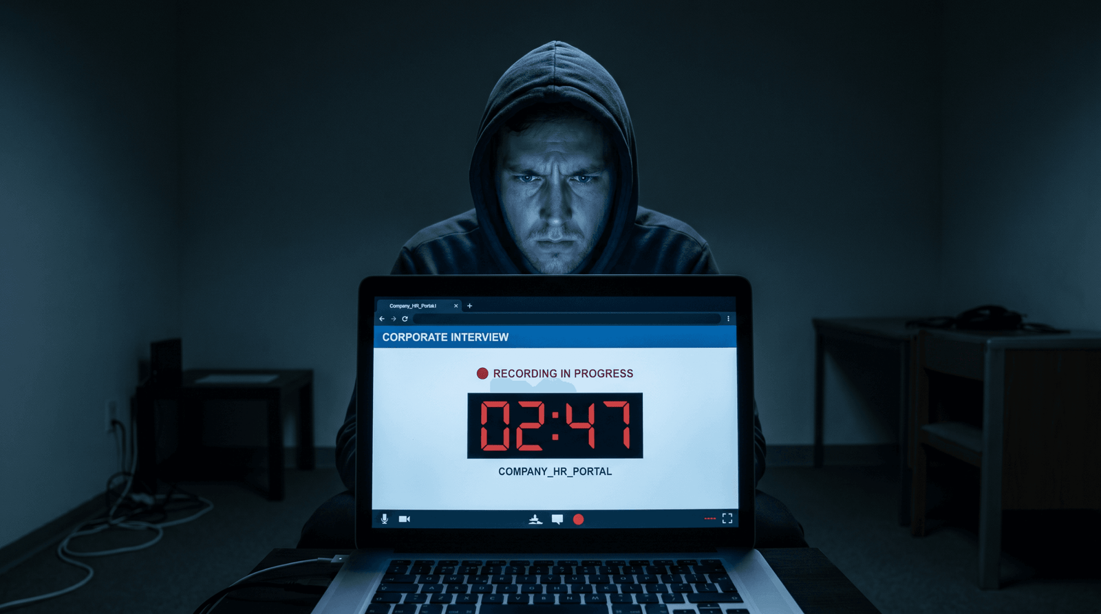 Person alone in a dimly lit room facing a cold recording interface with countdown timer