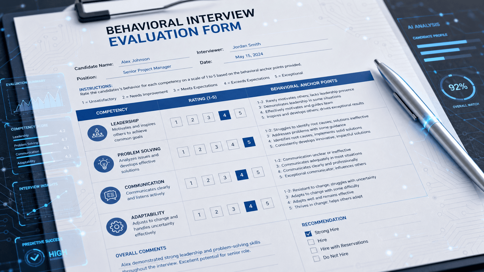 Structured interview evaluation form with behavioral rating scales and AI-assisted scoring elements