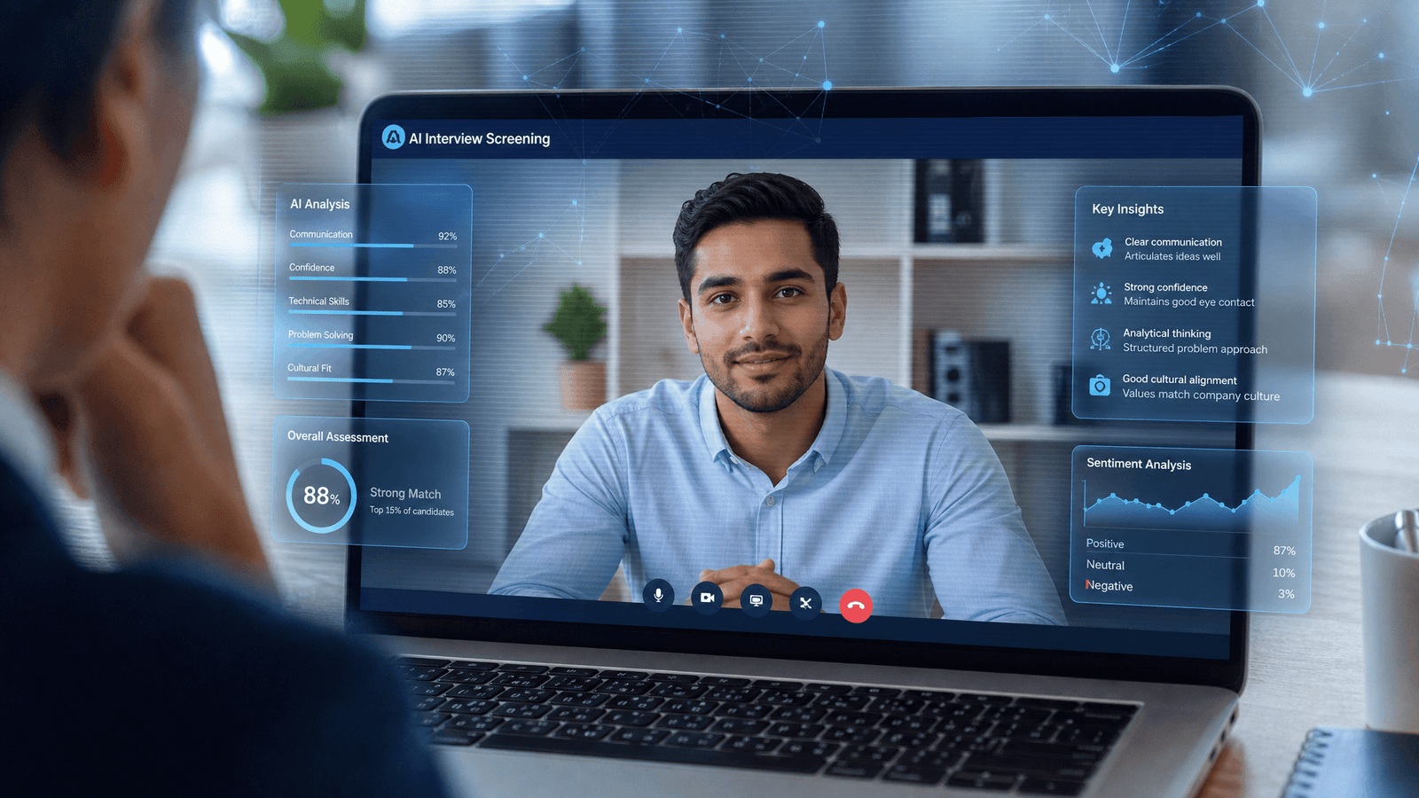 Candidate on screen with AI-powered digital screening technology