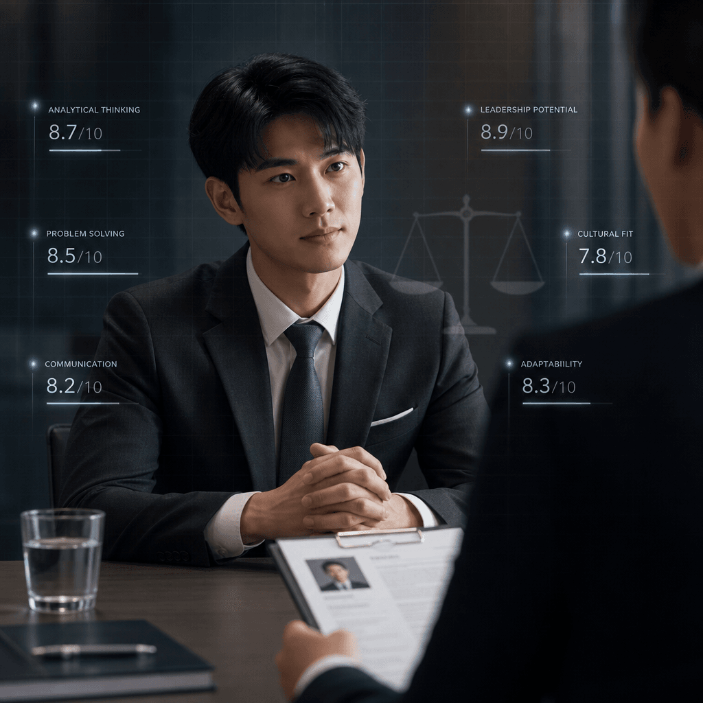 Professional candidate at interview table with conceptual visual of structured evaluation and scoring