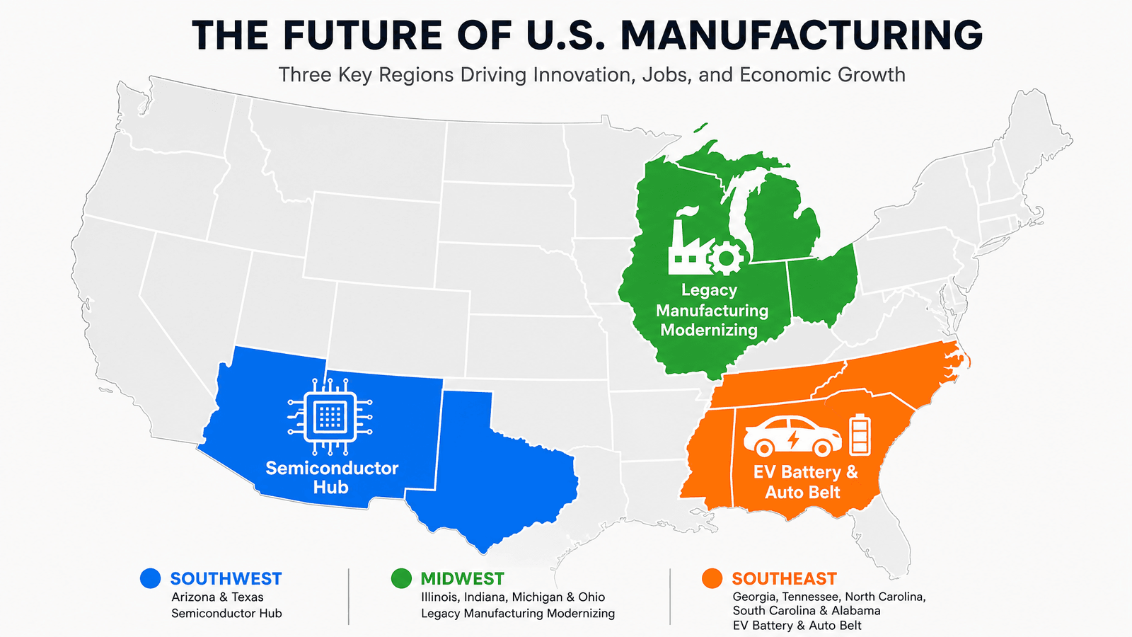 Map of US manufacturing regional hotspots - Southwest, Southeast, and Midwest