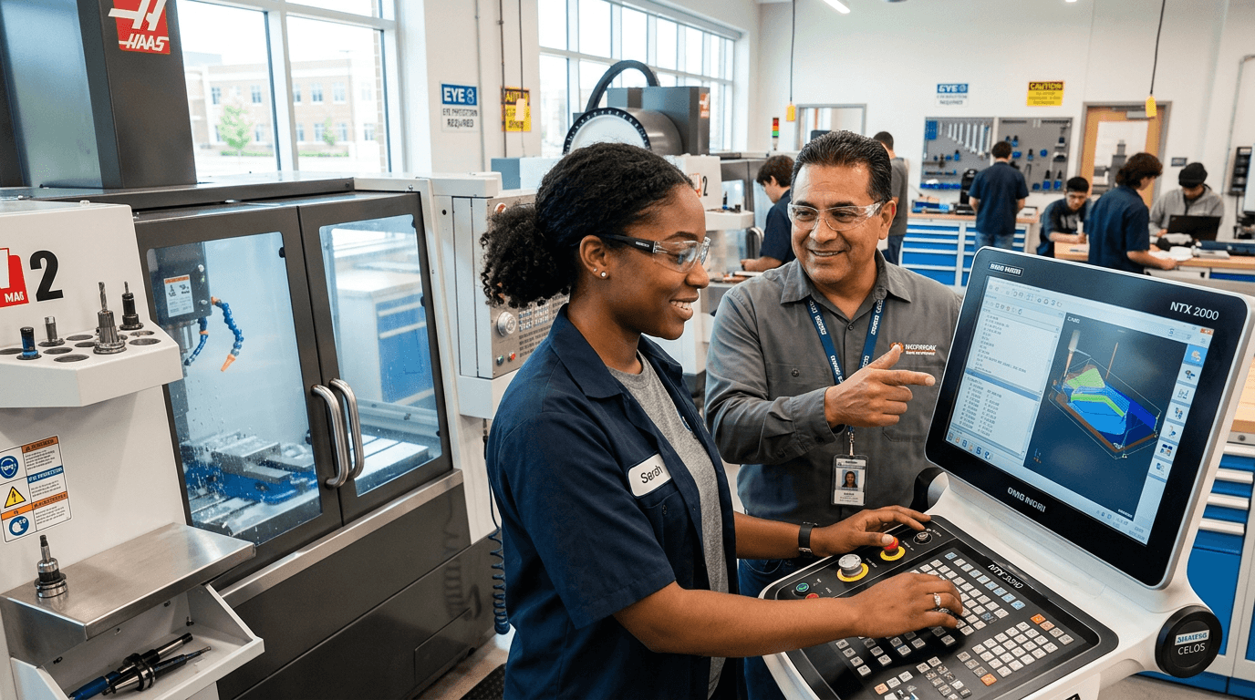 Worker learning technical skills at a manufacturing training program
