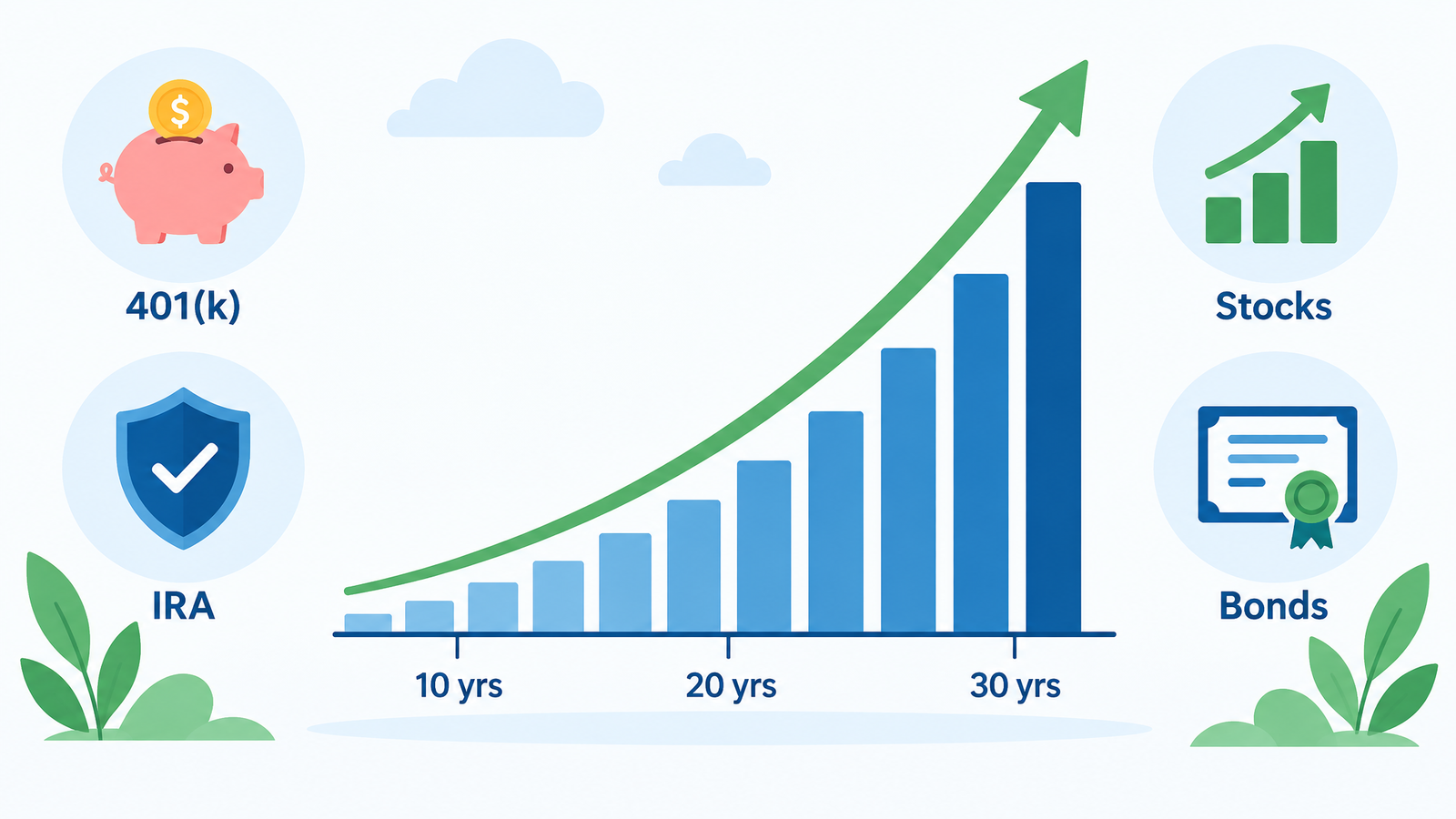 Long-term investing growth chart showing wealth building over time